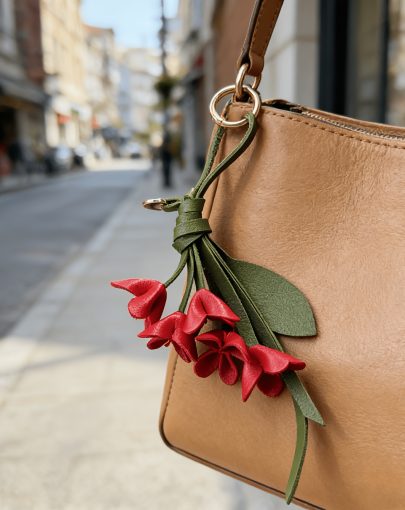 1pc Women'S Faux Leather Flower Bag Pendant Keychain Gift, Handmade Red Lily of The Valley Key Ring Suitable for Daily Matching Bags And Clothes Additions