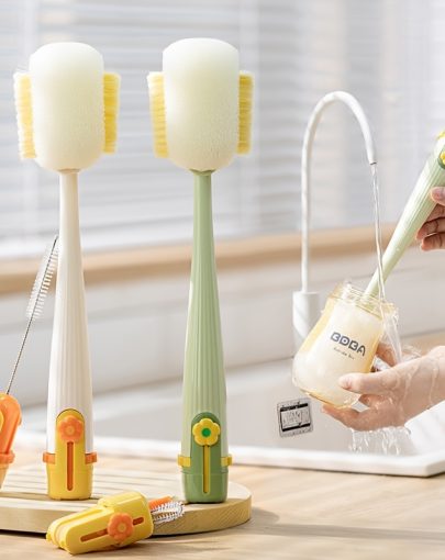 Cleaning Tool Set 5-in-1 Multi-Functional Long Handle Cup Brush Set - Detachable Deep Dishwashing Scrubber, Safe Sponge & Stiff Bristle Brush Head for Bottlesu002FLids