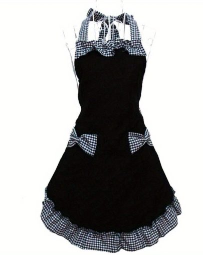 1pc Uniform Apron, Halter Adjustable Plaid Bowknot Swing Lace Apron, For Home Cleaning, Kitchen Cooking, Baking, Gardening, Kitchen, Catering, Milk, Tea Shop Work Clothes