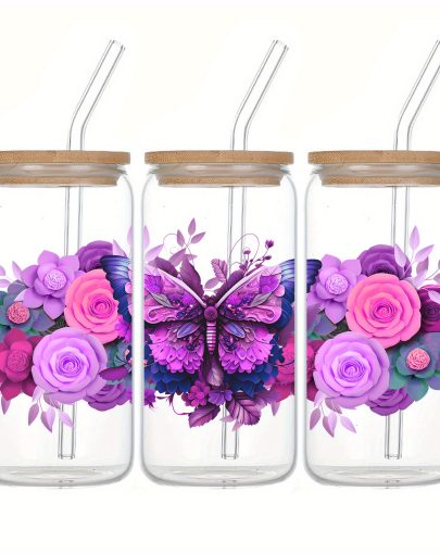 1pc, 16oz Christmas Soda Glass can, Creative 3D Purple Butterfly Flower Pattern Washable Iced Coffee Glass Cup with Bamboo Lid And straw, Gifts for Friends And family, Iced Coffee Lovers Gifts, Christmas Party gifts, Thanksgiving gifts, Halloween