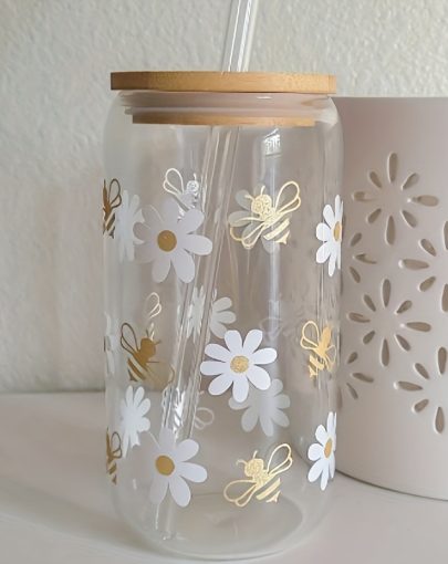 1pc, Daisy Water Cup with Lid and Straw, 16ozu002F500ml Canned Water Cup, Iced Coffee Cup, for Tea, Juice, Milk, Birthday Gift, Beverage Utensils