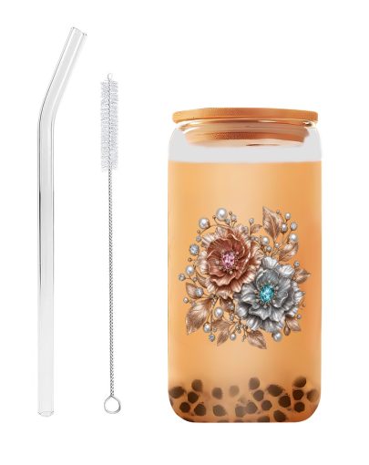 Vintage Floral Crystal Glass Tumbler with Lid and Straw, Boho Pearl Flower Design, 16oz Reusable Iced Coffee Cup with Brush, Gift for Women and Girls