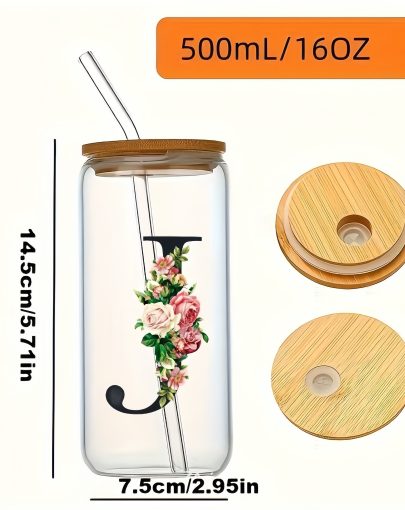 1pc Monogrammed Gifts for Women Birthday Gifts for Women, Friends, Mom, Teacher, Girls - Initial Gifts for Her - 16oz Coffee Glass with Bamboo Lid And Straw, for Valentine's Day,  Presents, Thoughtful Presents, Chic Cup, Stylish Drinkware