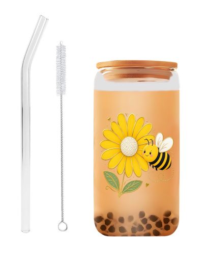Cute Daisy Bee Glass Cup with Bamboo Lid, Straw and Brush, Spring Floral Bubble Tea Tumbler, Aesthetic Iced Coffee Mug Gift for Women and Girls