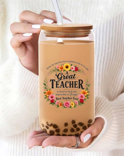 Party Cups Great Teacher Floral Glass Cup with Lid and Straw, Boho Cute Teacher Appreciation Gift, 16oz Iced Tumbler for Women, Back to School Gift
