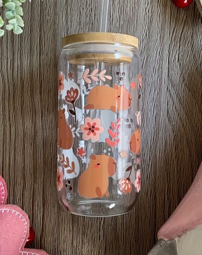 A 16-Ounce Water Cup with a Lid And Straw, Featuring Capybara And Floral Designs - an Animal-Themed Glass Suitable for Coffee, Milk, Juice, And Beer
