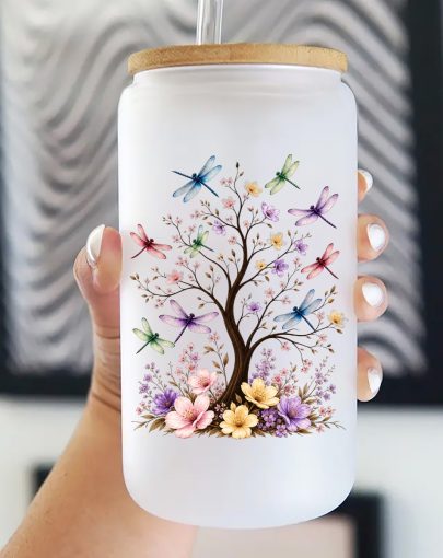 Party Cups Dragonfly Floral Glass Cup with Lid and Straw, Frosted Aesthetic Tree Blossom Tumbler with Brush, Boho Nature Gift for Women, Lovers