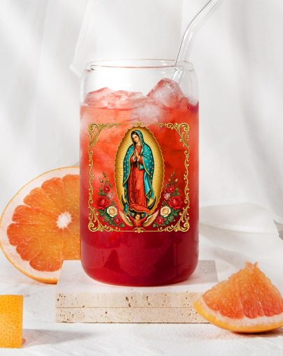 Virgin of Guadalupe Glass Tumbler with Lid and Straw, Vintage Religious Floral Design, 16oz Iced Coffee Cup Gift for Catholic Women and Faith Lovers