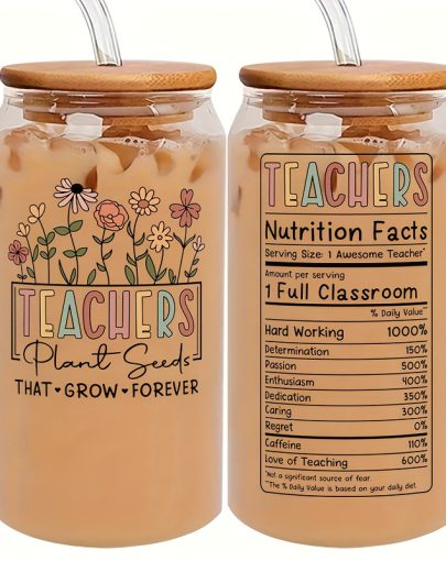 16oz Glass Cup with Lid and Straw Creative Iced Coffee Mug Perfect Gift for Teachers All Season Reusable Leakproof Round Multi Use Drinking Ware
