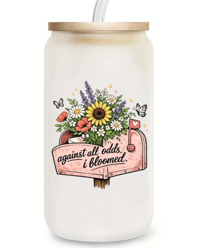 Mugs, Coffee Cups Sunflower Mailbox Can Glass, Vintage Floral Frosted Glass Cup with Lid, Straw & Brush, Inspirational Gift for Women, Garden Lovers, Coffee Fans