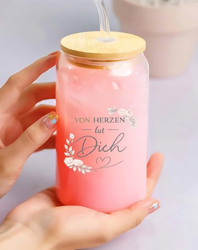 Party Cups Floral Heart Quote Glass Can Tumbler with Lid And Straw, Cute Pink Aesthetic Iced Cup Set, Gift for Her, Women And Teen Girls