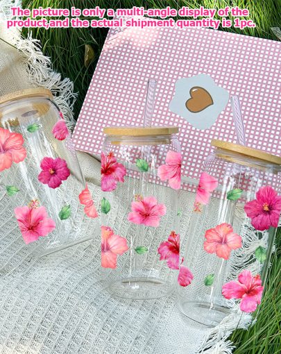 1pc, 16oz Glass Soda Jug with Lid and Glass Straw, UV Printing, Floral, Leaf Pattern, Glass Coffee Cup Juice Drink Glass Jug, Home Kitchen Party Drinking Utensils, Christmas Gifts Thanksgiving Gifts, Holiday Gifts New Year's Gifts