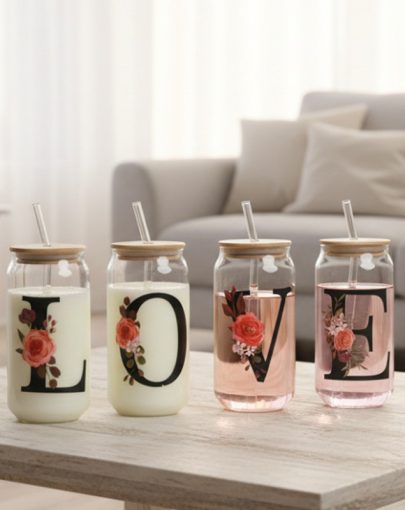 4pcs LOVE Floral Glass Cup with Lid And Straw, 16 Oz Iced Coffee Cup, Romantic Rose Drinking Jar, Suitable for Weddings, Anniversaries, Glassware Set