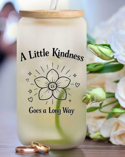 Mugs, Coffee Cups Flower, Kindness Quote Frosted Glass Cup with Lid and Straw, Boho Inspirational Iced Coffee Tumbler, Cute Gift for Women, Teachers, Nurses, Floral Drinkware