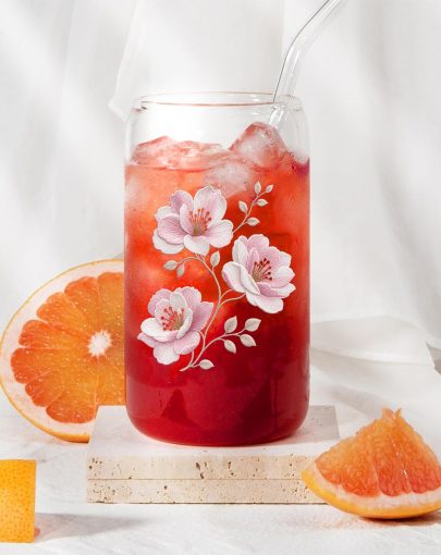 Pink Floral Glass Tumbler with Bamboo Lid and Straw, Cherry Blossom Boho Iced Coffee Cup, Cute Aesthetic Boba Tea Cup Gift for Women and Girls