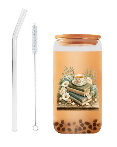 Retro Floral-Themed Glass Tumbler Featuring a Lid And Straw, Perfect for Iced Coffee. This 16 Oz Cup Embodies a Bohemian Cottagecore Style And Comes with a Cleaning Brush, Making It an Ideal Gift for Book Enthusiasts And Women