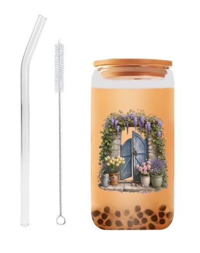 Boho Floral Cottagecore Glass Cup with Lid and Straw, Cute Blue Door Flower Pot Design Iced Coffee Tumbler, Aesthetic Gift for Women, Girls, and Garden Lovers